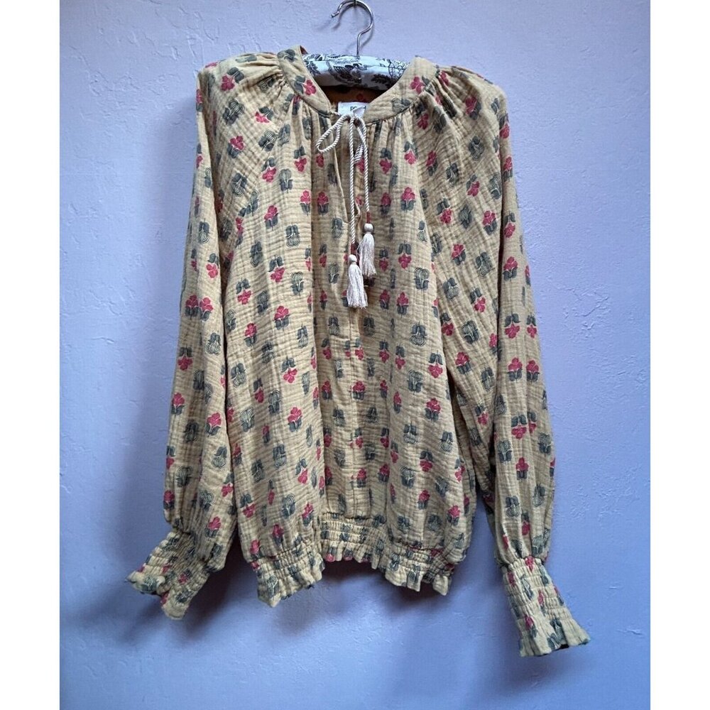 Anthropologie Porridge Elisabeth Peasant Blouse Top Medium Tasseled Smocked Boho